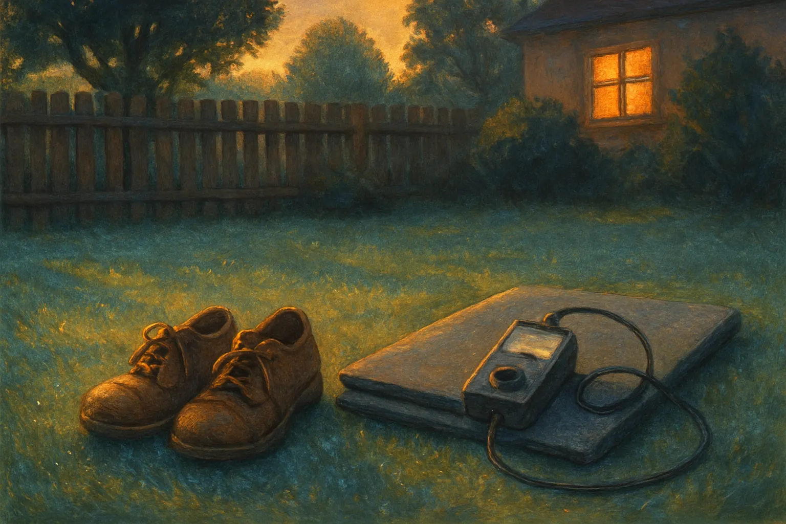 A painted lawn at dusk: a pair of worn brown leather shoes on the grass beside a grey mat holding a small handheld meter with a coiled cord; a wooden fence, trees and a house window glowing amber behind.