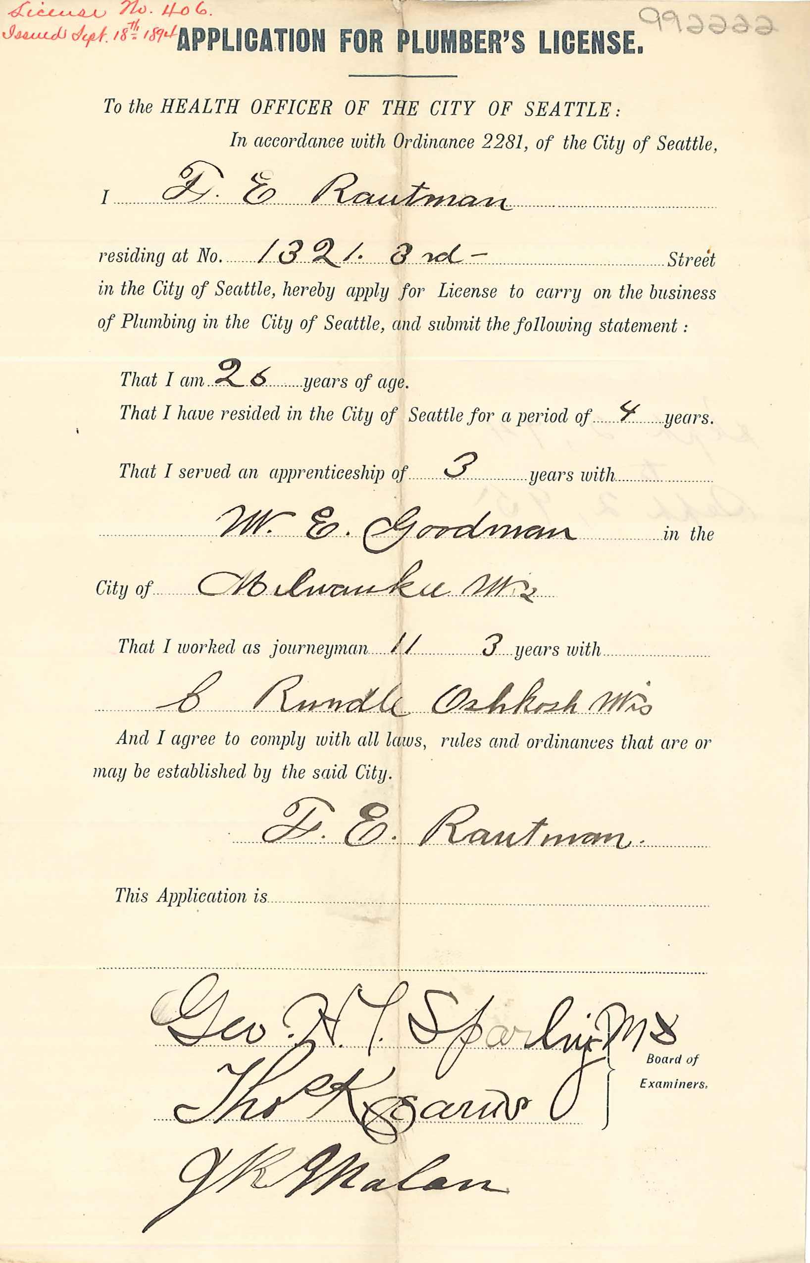 Plumber's license (1894)